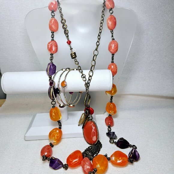 2 Chico’s Chunky Beaded Long Statement Necklaces 3 Stone Bangle Bracelets - Picture 3 of 7